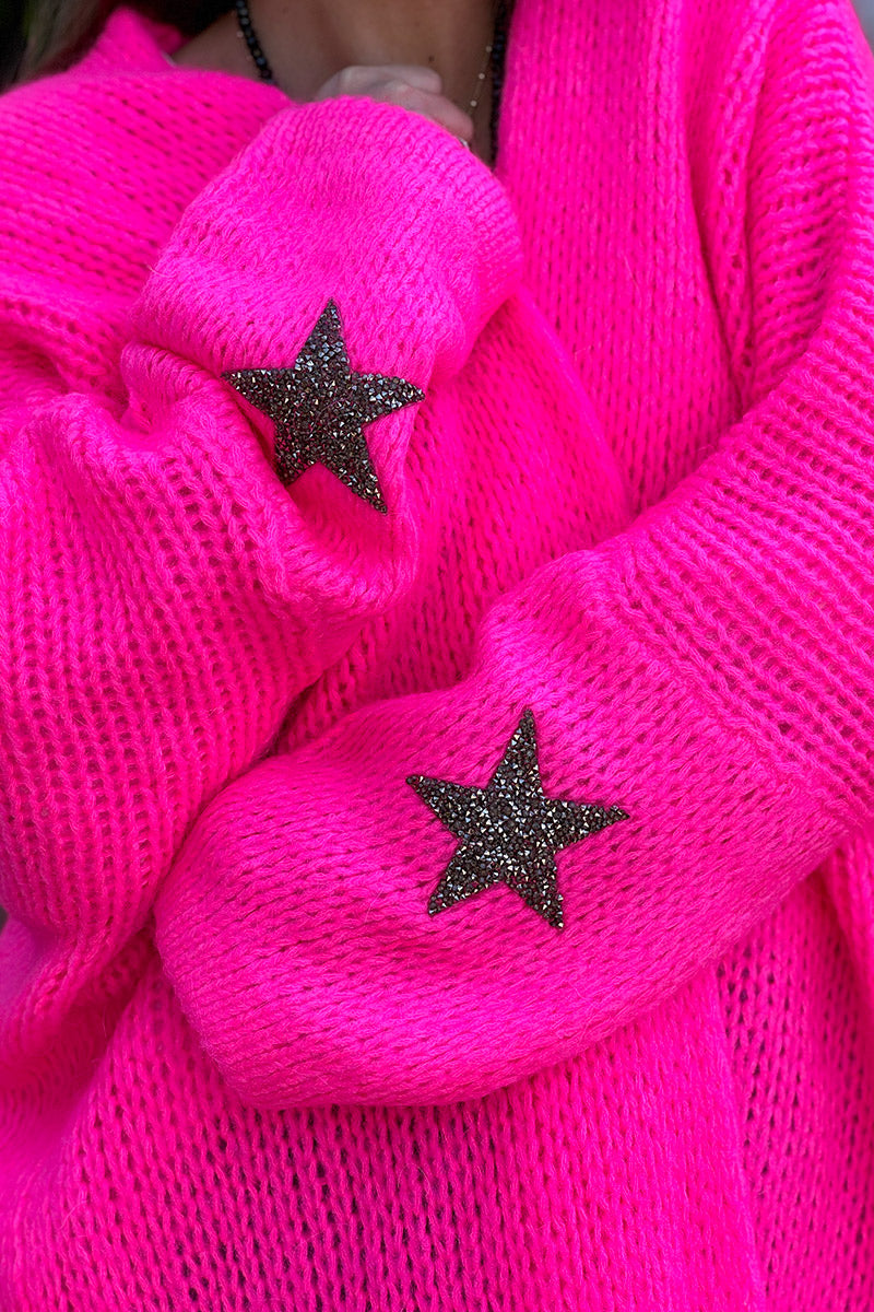 Neon fuchsia Drop-Sleeve Knit Duster with Star Studded Cuffs