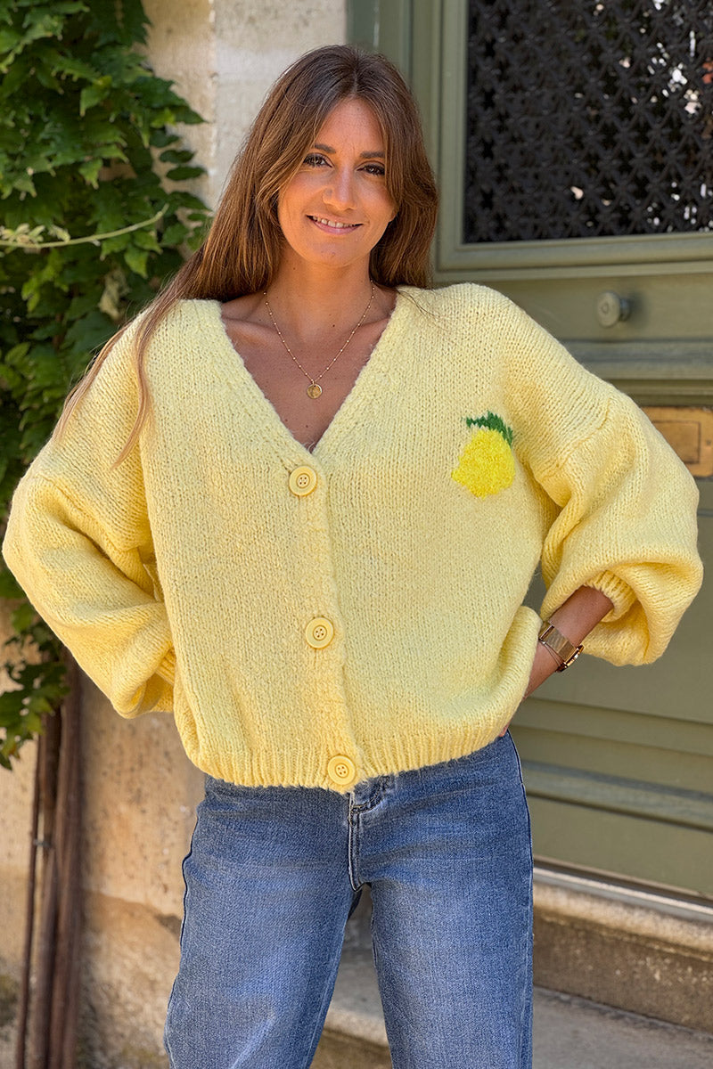 Butter yellow chunky knit cardigan with lemon 'limoncello' back pattern