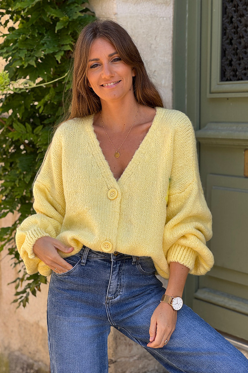 Butter yellow chunky knit cardigan with lemon 'limoncello' back pattern