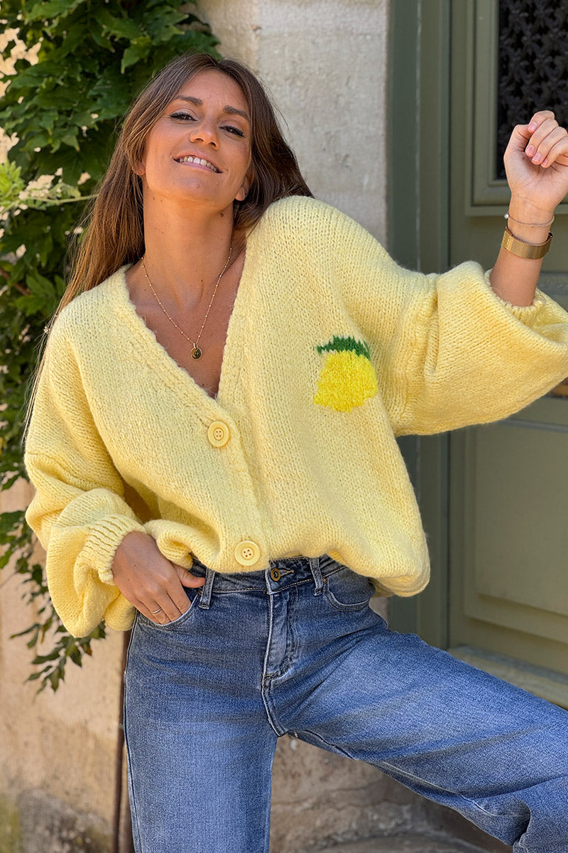Butter yellow chunky knit cardigan with lemon 'limoncello' back pattern