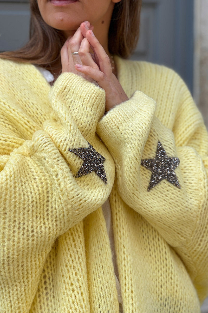 Butter yellow Drop-Sleeve Knit Duster with Star Studded Cuffs