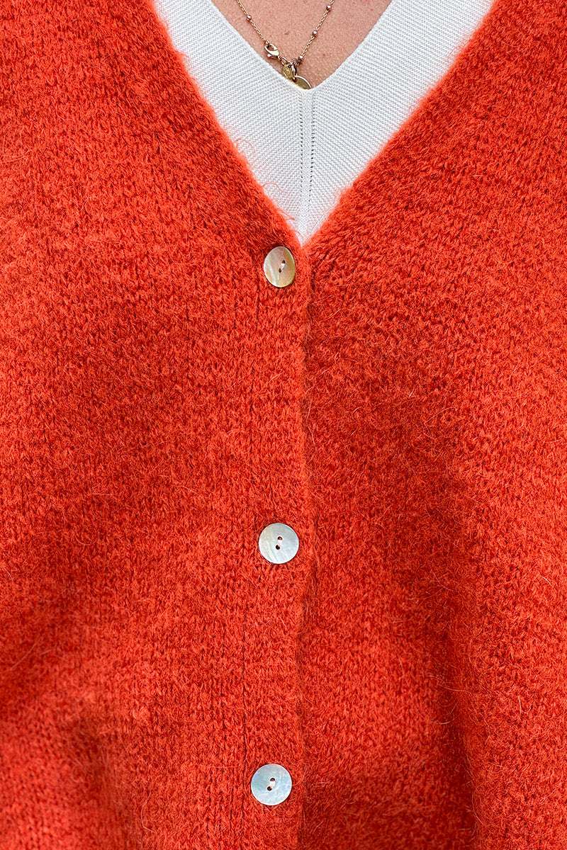 Gilet large et loose terracotta sans manches en maille kid mohair boutons nacres
