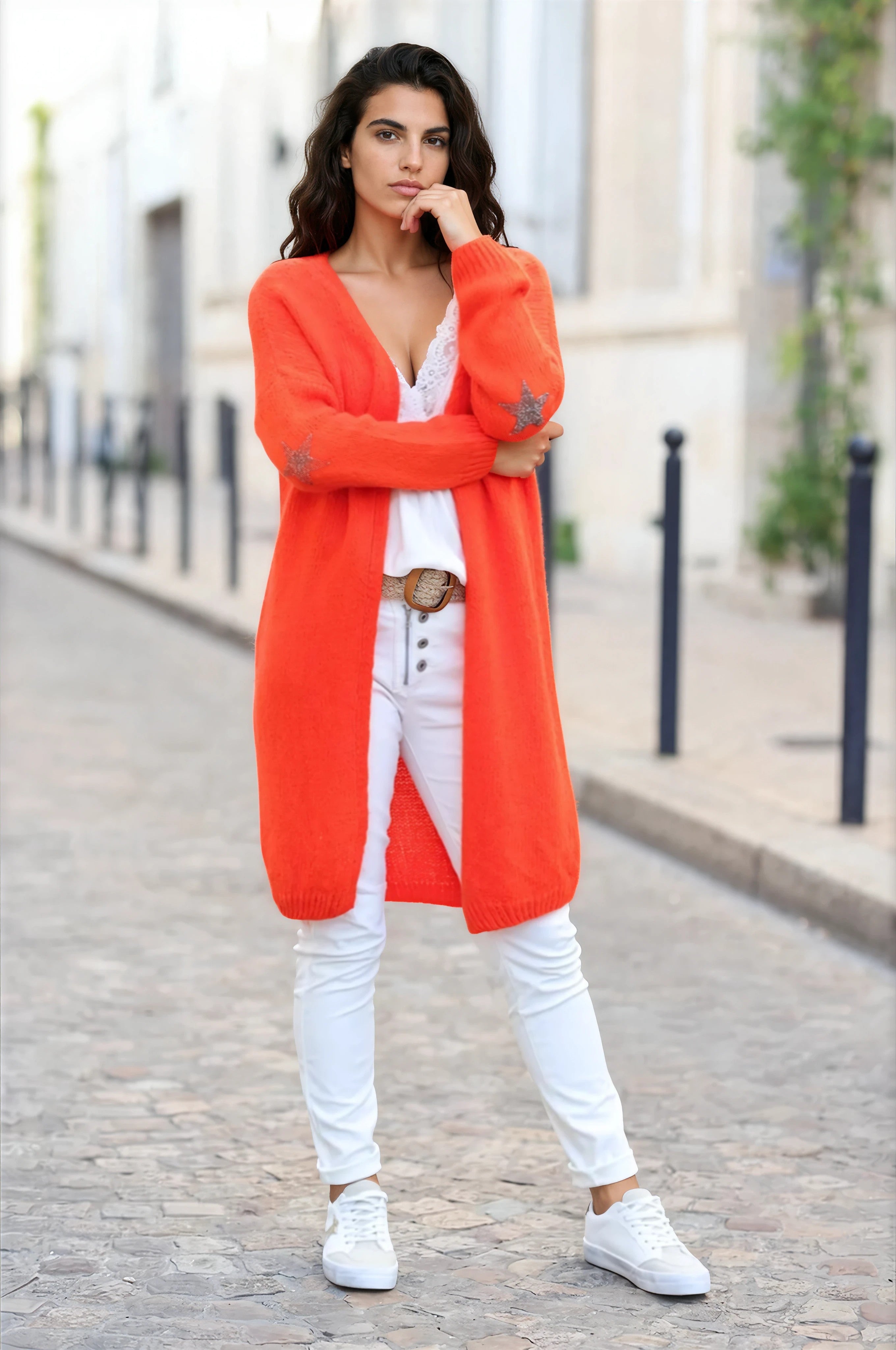 Blood orange Knit Duster with Star Studded Elbow Patches