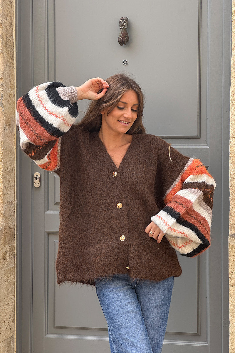 Brown chocolate Fall Stripe Sleeve Sweater Knit Cardigan