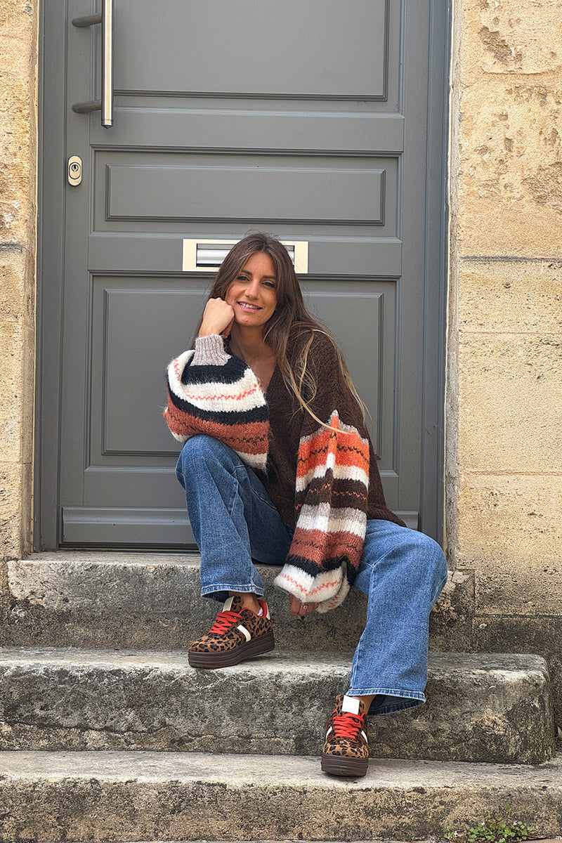 Brown chocolate Fall Stripe Sleeve Sweater Knit Cardigan