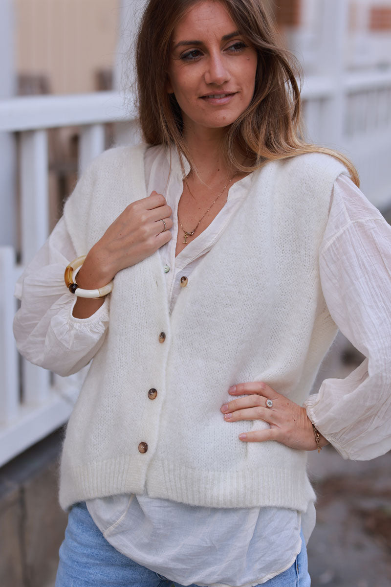 Chaleco sin mangas blanco roto de punto suave de mohair infantil con botones carey