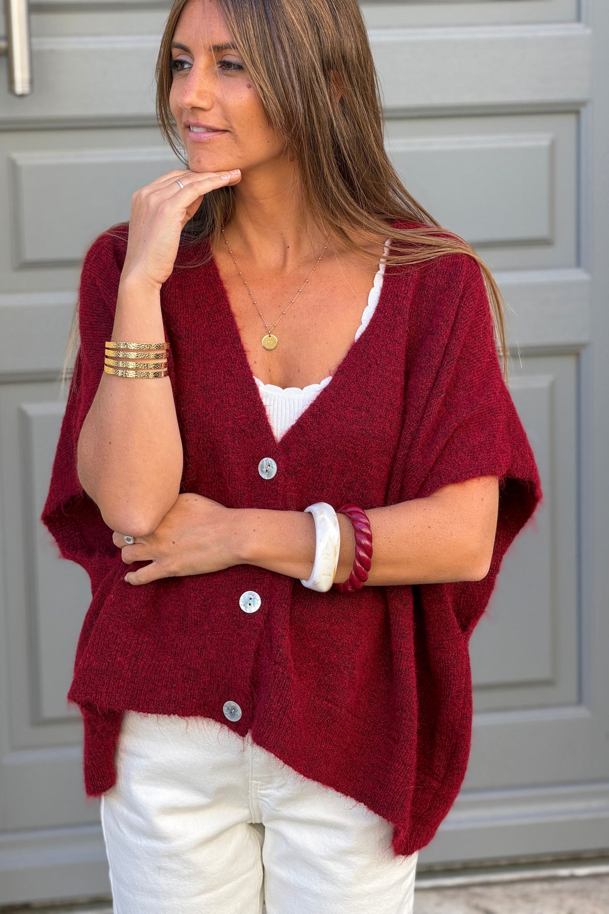 Gilet sans manches bordeaux coupe loose en maille chinée boutons nacrés