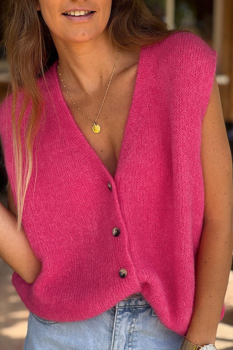 Gilet sans manches fuchsia en maille moelleuse kid mohair boutons ecaille