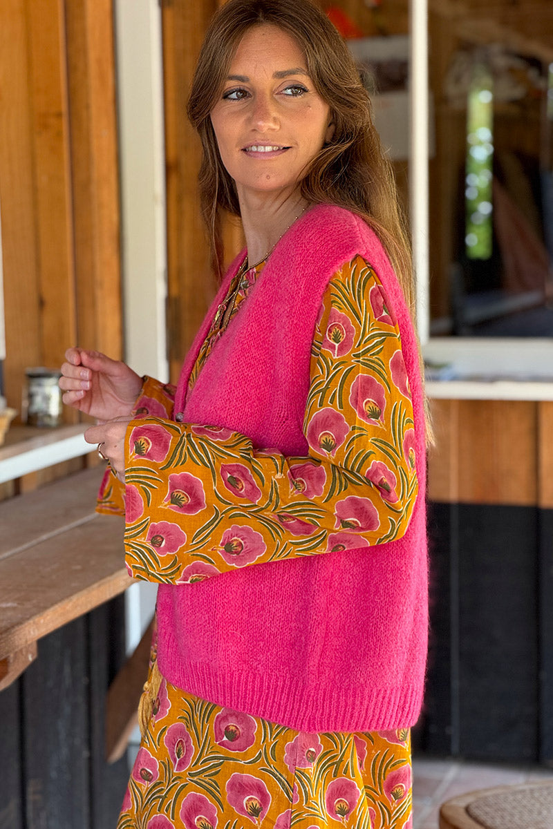 Gilet sans manches fuchsia en maille moelleuse kid mohair boutons ecaille