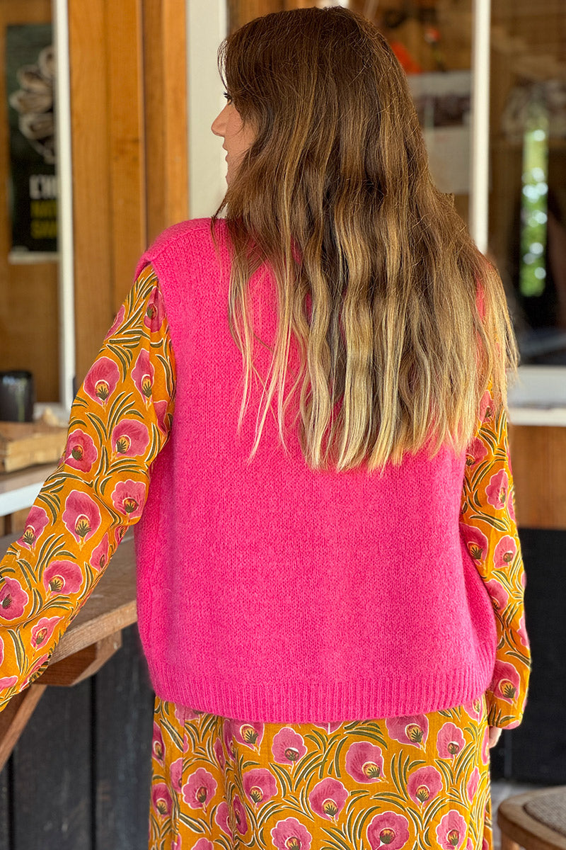 Gilet sans manches fuchsia en maille moelleuse kid mohair boutons ecaille