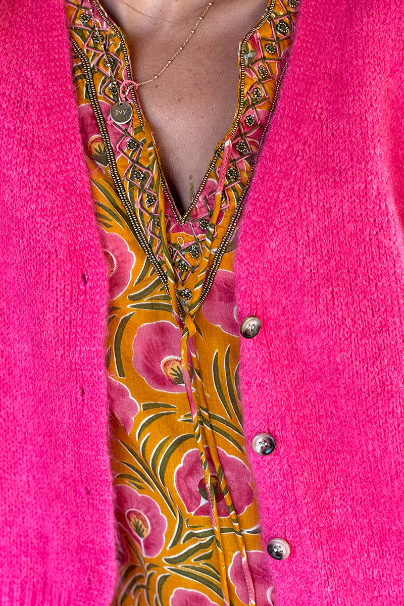 Gilet sans manches fuchsia en maille moelleuse kid mohair boutons ecaille