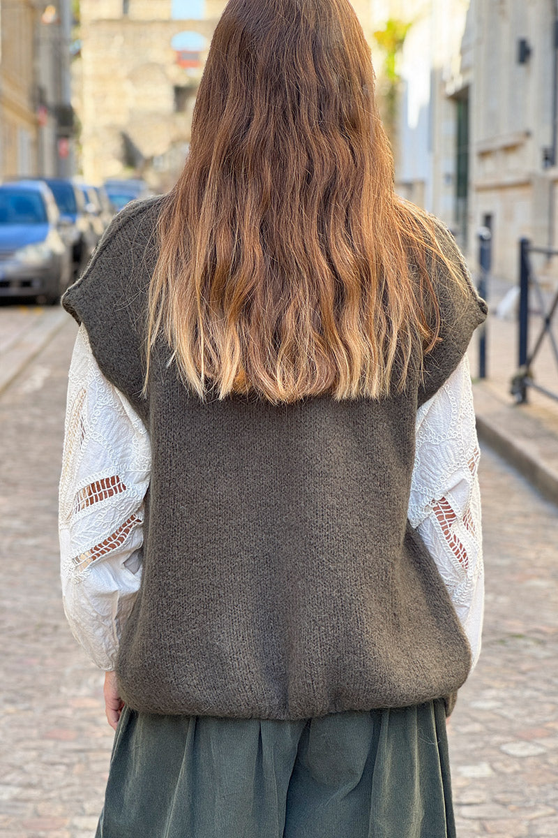 Gilet sans manches kaki en kid mohair coutures apparentes