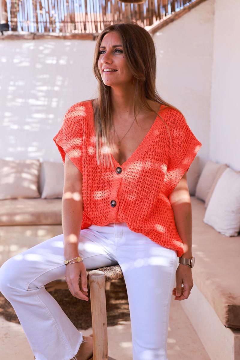 Orange Chunky Knit Cap-Sleeve Cardigan