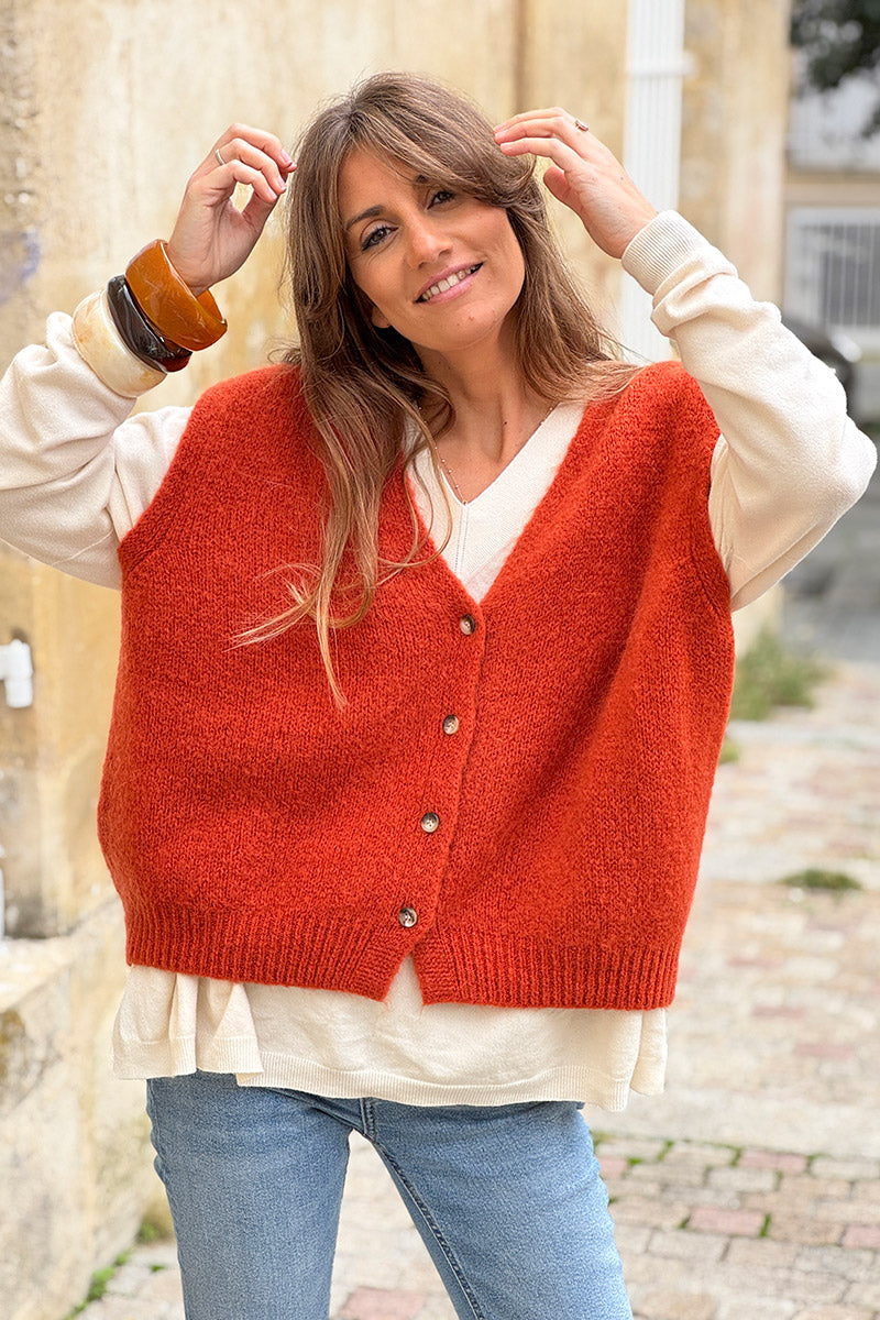 Gilet sans manches terracotta en maille moelleuse kid mohair boutons écaille