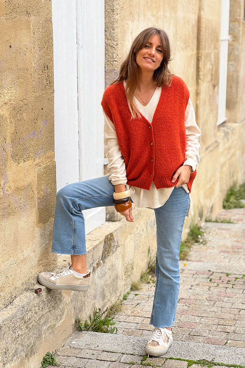 Gilet sans manches terracotta en maille moelleuse kid mohair boutons écaille