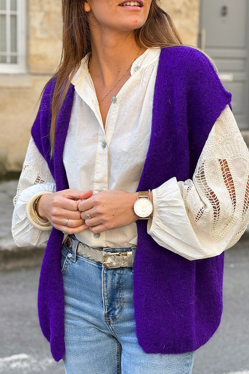 Gilet sans manches violet en kid mohair coutures apparentes