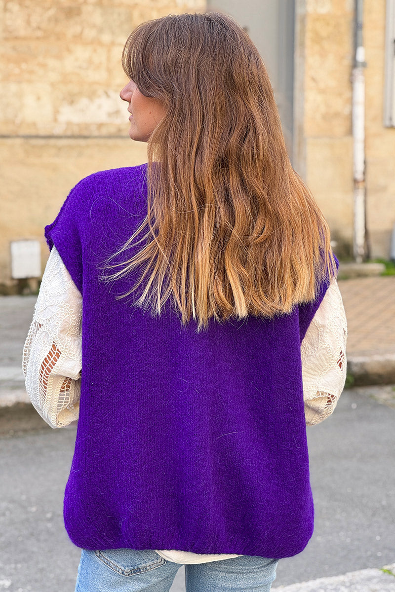 Gilet sans manches violet en kid mohair coutures apparentes