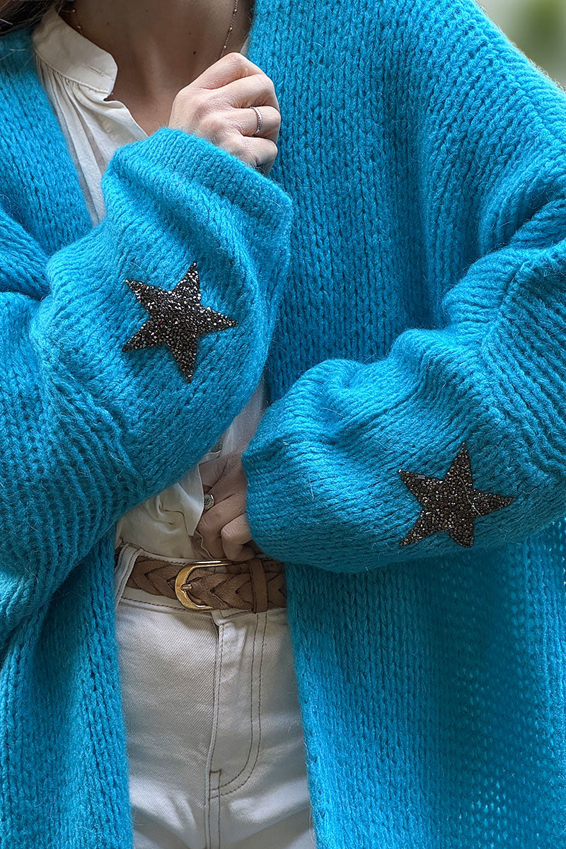 Gilet turquoise mi long grosses mailles étoile strass manches