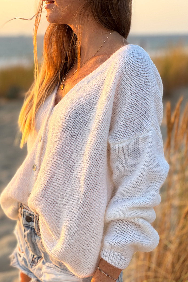 Ivory Mother of Pearl Button through V-Neck Cardigan