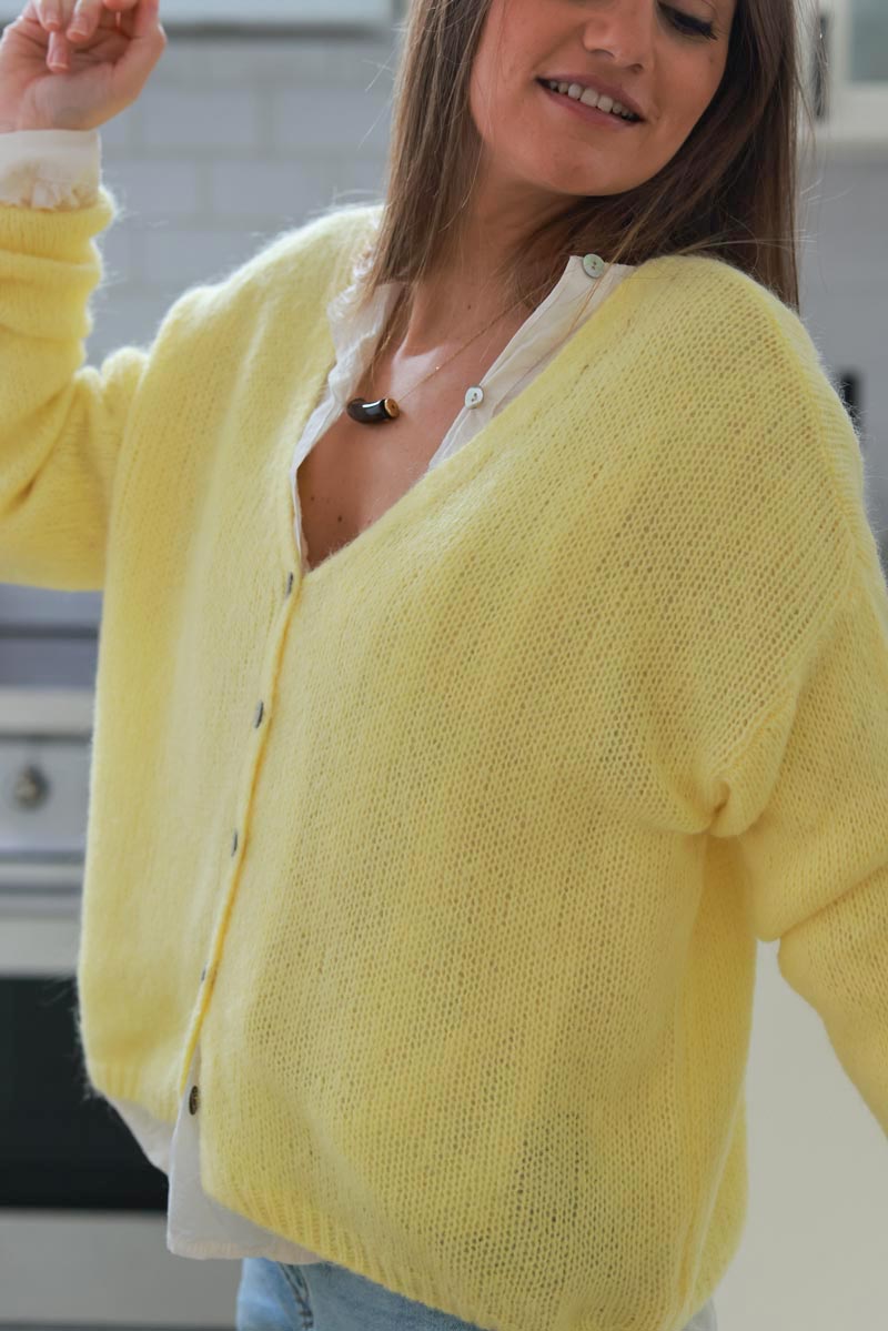 Pastel Yellow Mother of Pearl Button through V-Neck Cardigan