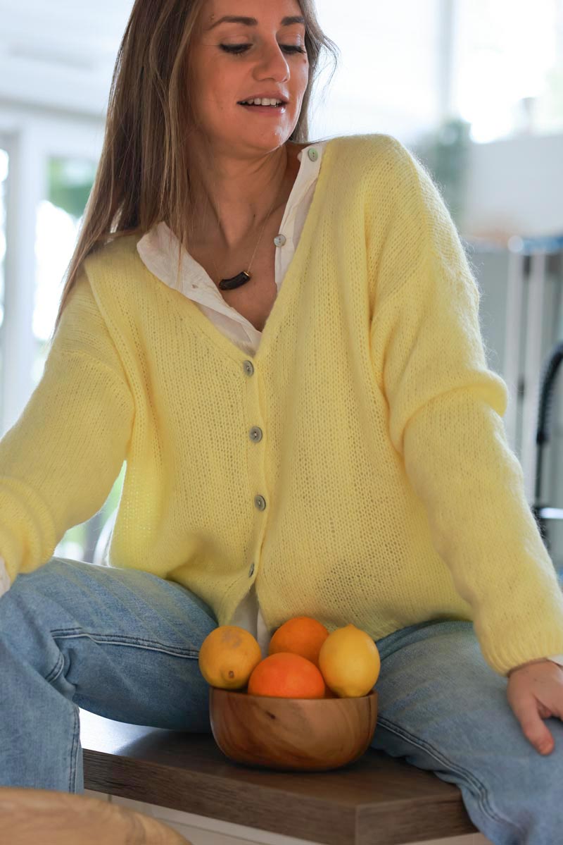Pastel Yellow Mother of Pearl Button through V-Neck Cardigan