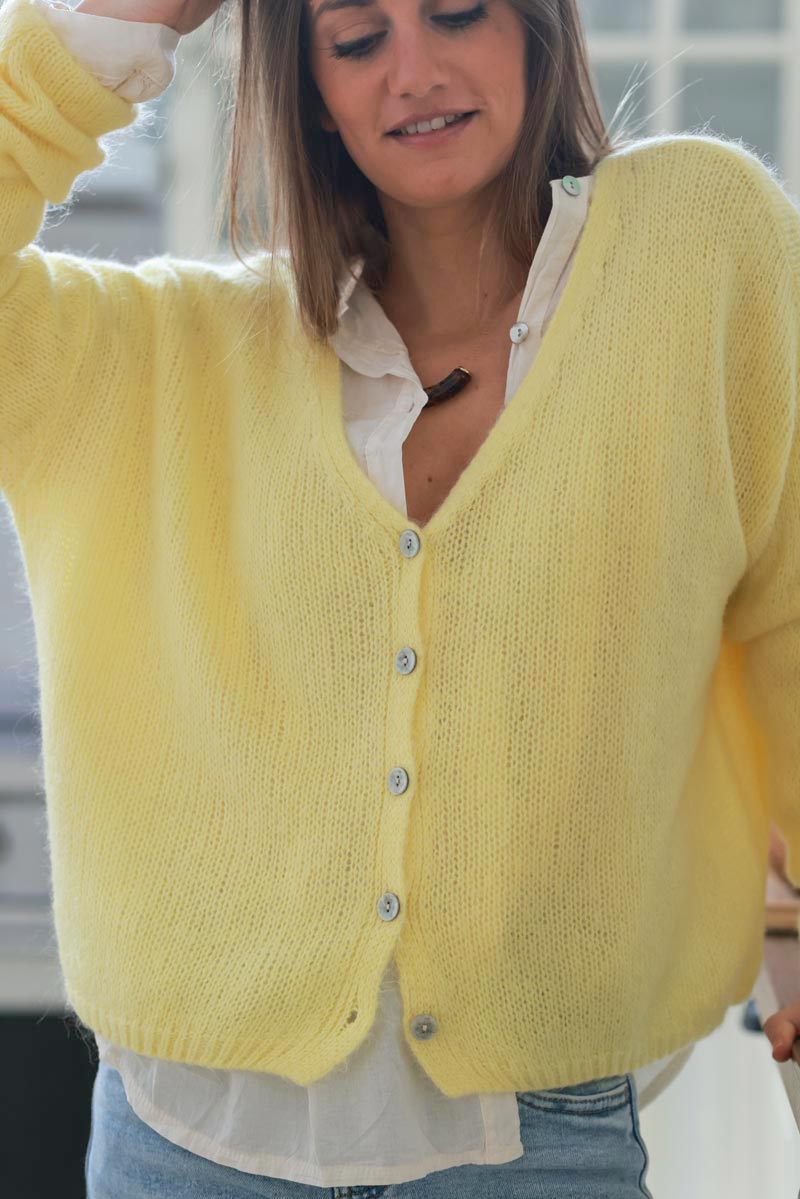 Pastel Yellow Mother of Pearl Button through V-Neck Cardigan