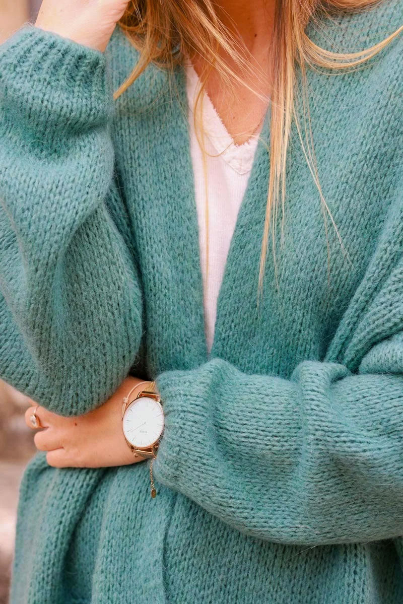 Celadon green cardigan with wrap around collar