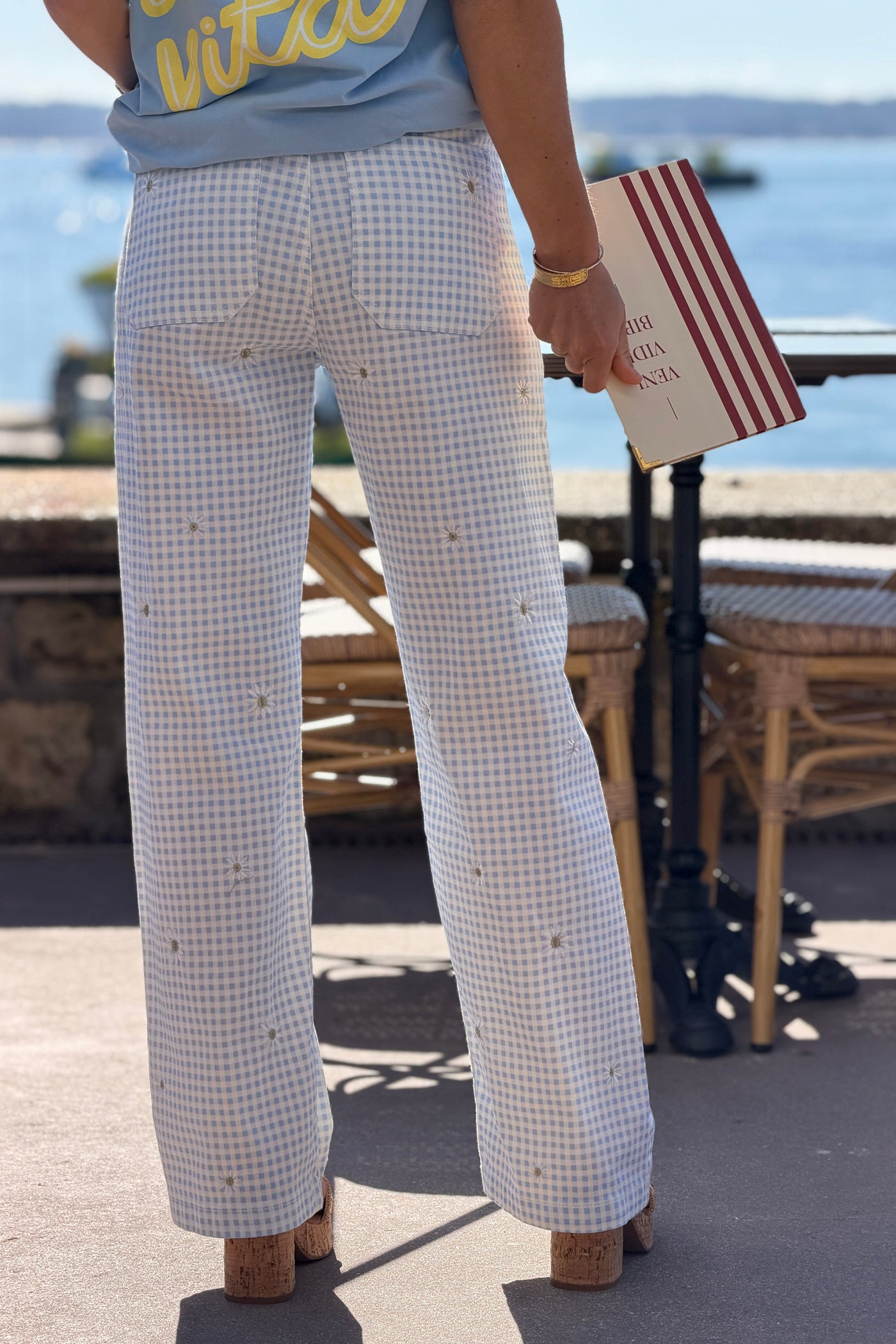 Light Blue Gingham Daisy Embroidered Jeans