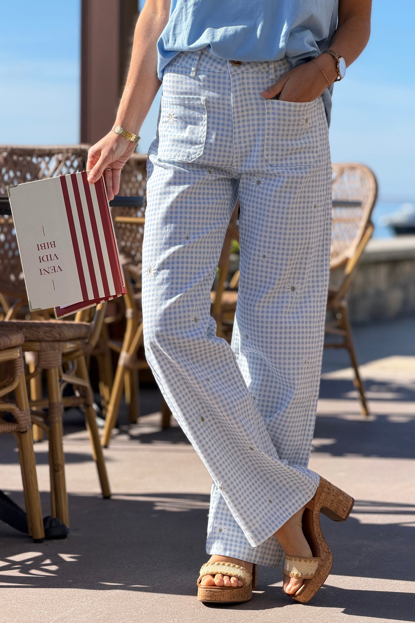 Light Blue Gingham Daisy Embroidered Jeans