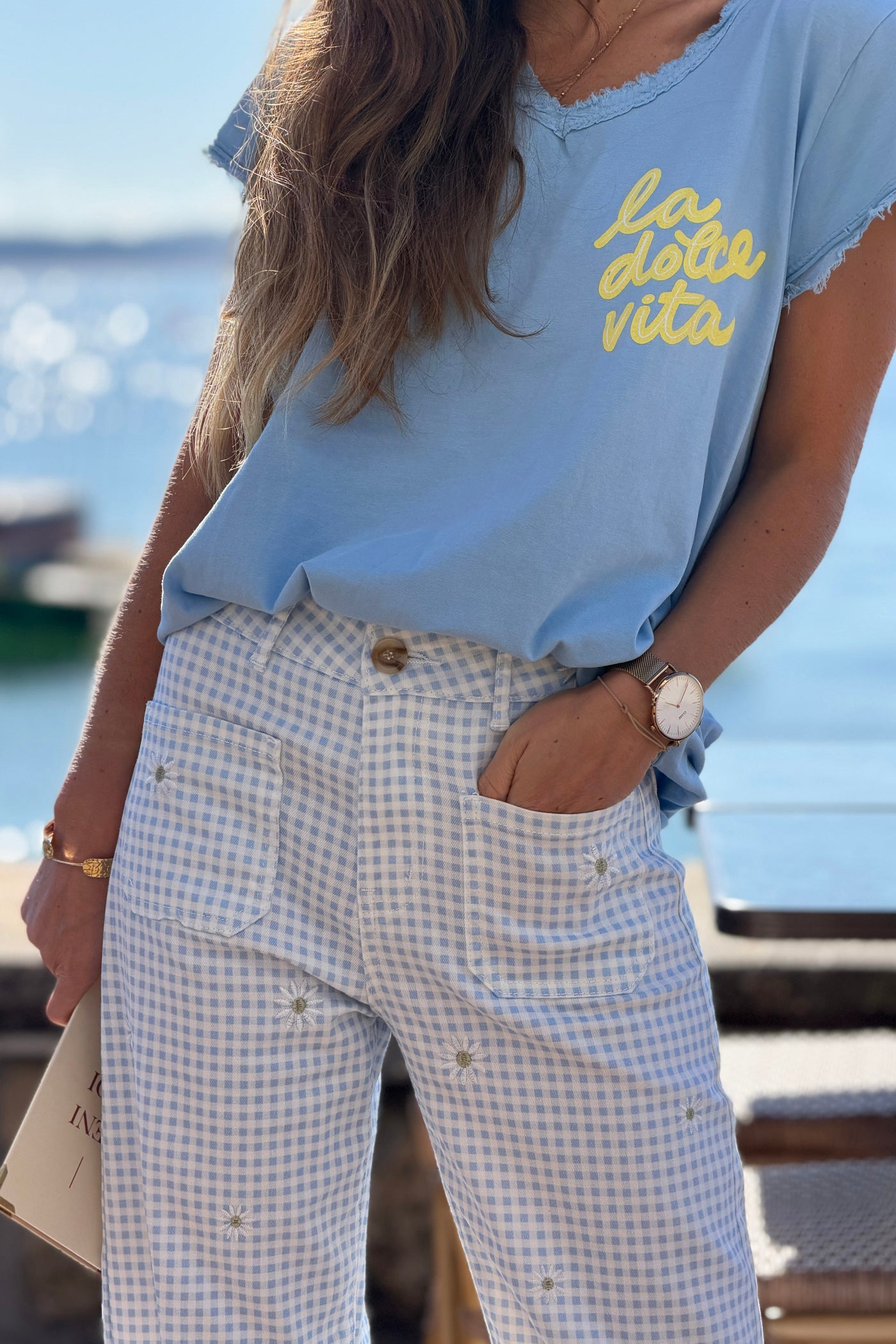 Light Blue Gingham Daisy Embroidered Jeans