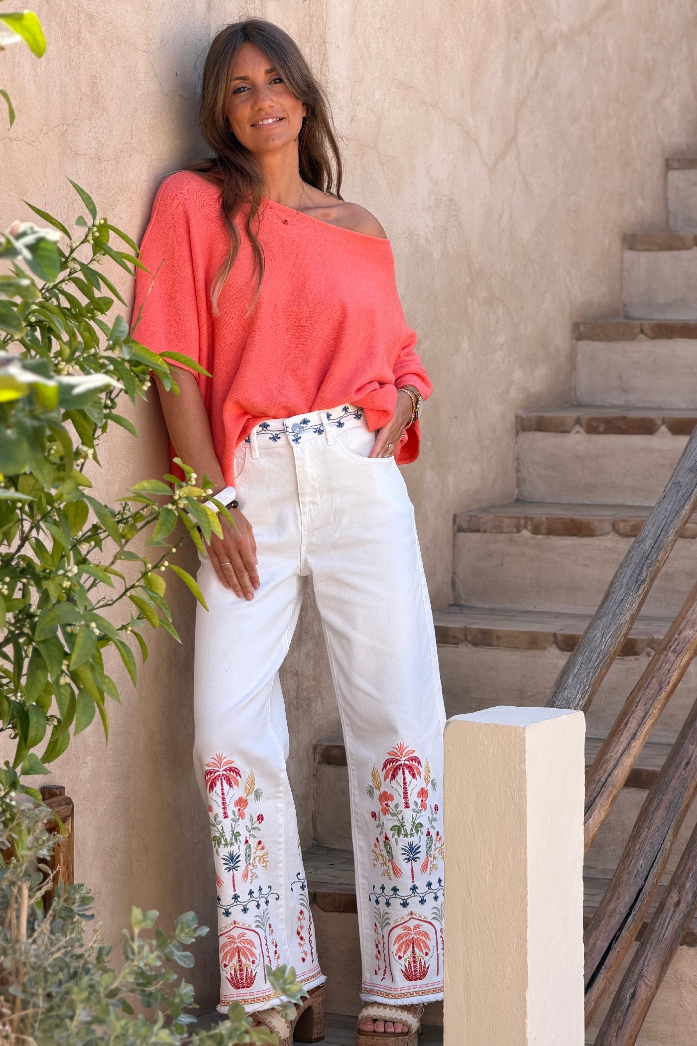 White Denim Tropical Border Embroidery Wide-Leg Jeans