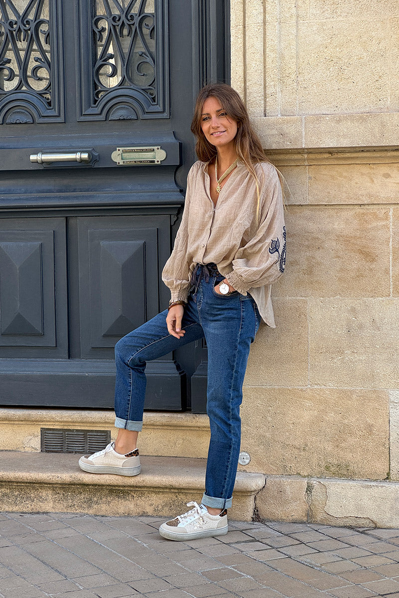 Medium Wash Jeans with Leopard Print Drawstring Waist