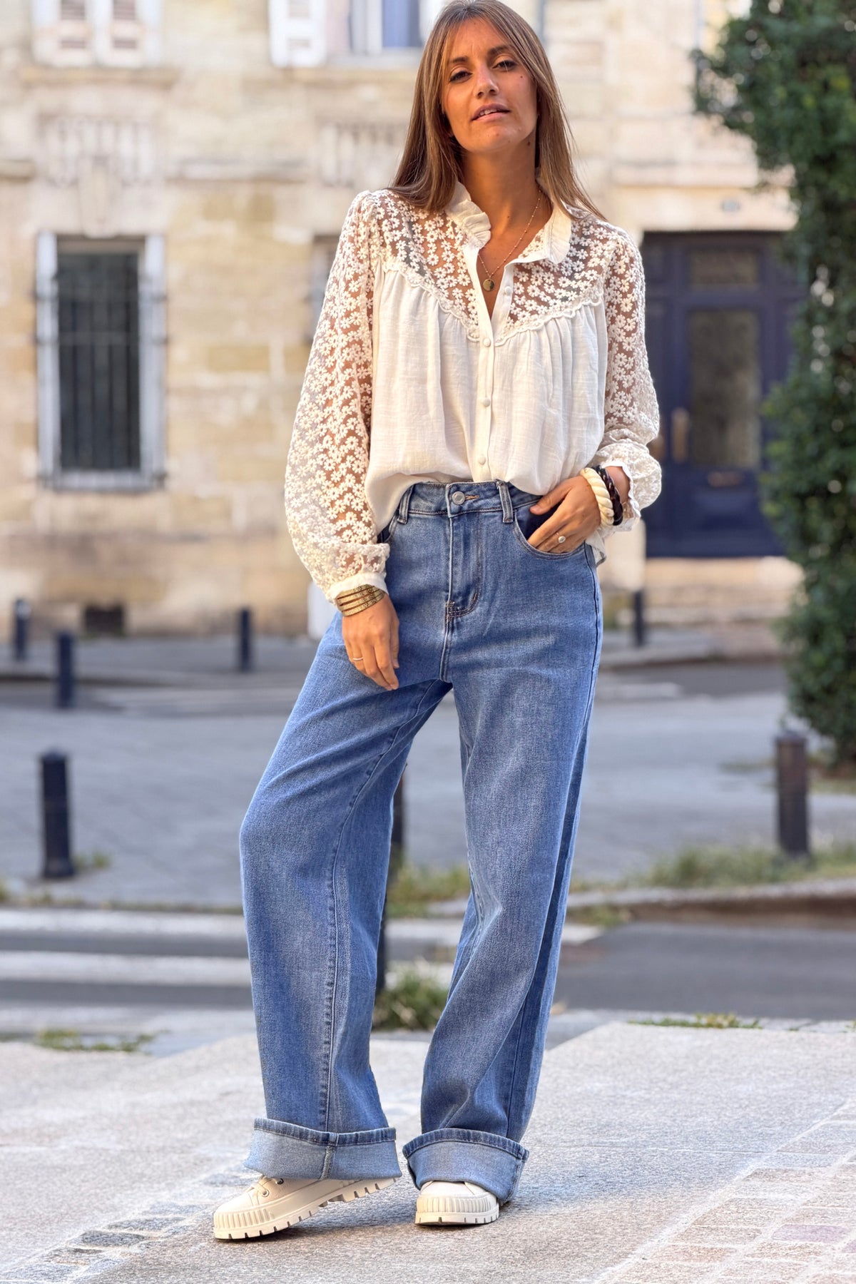 Chambray Retro Wide-Leg Jeans