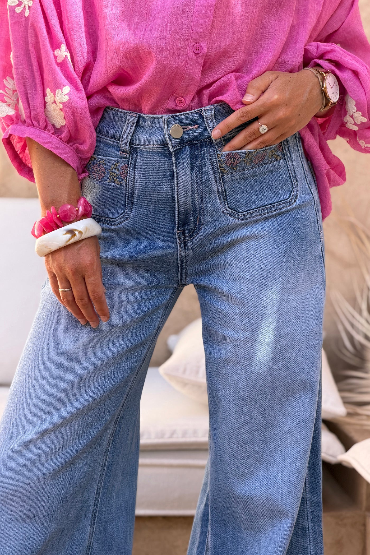 Chambray Vintage Wash Bell Bottom Jeans