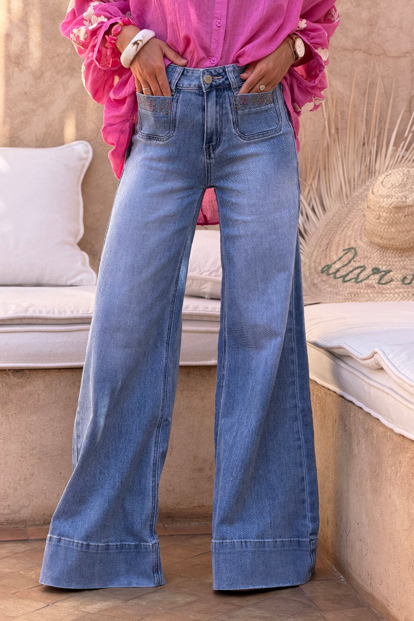 Chambray Vintage Wash Bell Bottom Jeans