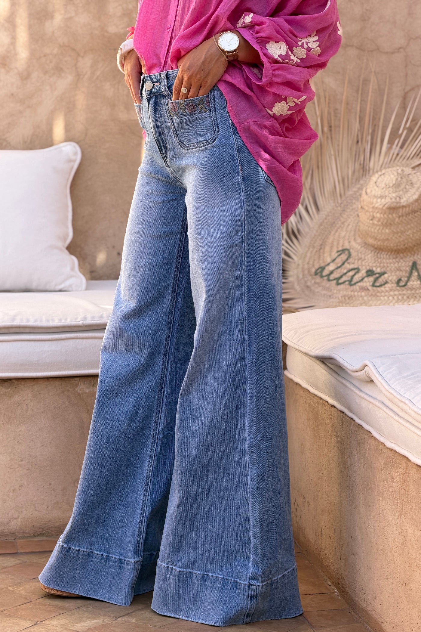 Chambray Vintage Wash Bell Bottom Jeans