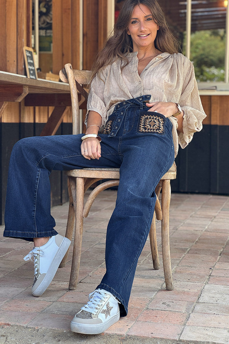 Dark Denim Crochet Square Vintage Jeans