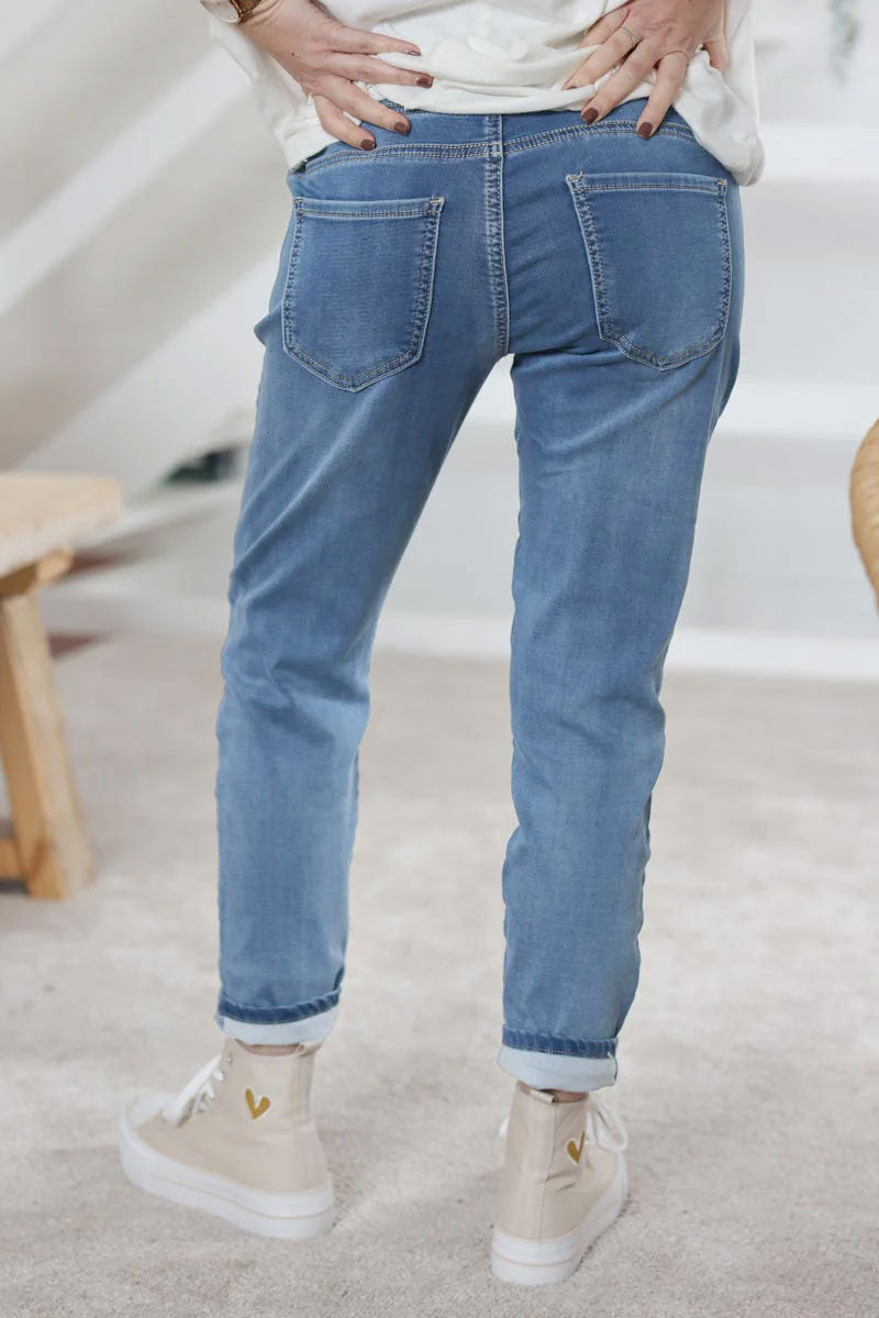 Jean délavé stretch confort à ceinture élastique rayée brillante