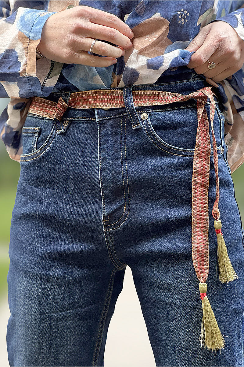 Dark Wash Straight Leg Denim Jeans with Tassel Belt