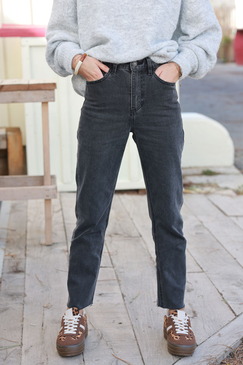 Gray Medium Wash Cropped Jeans with Fringe Cuff