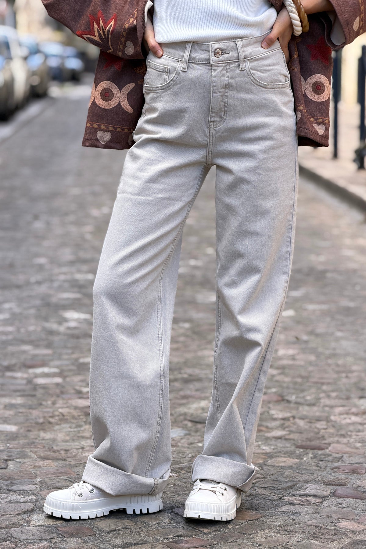 Jean long beige wide leg taille haute