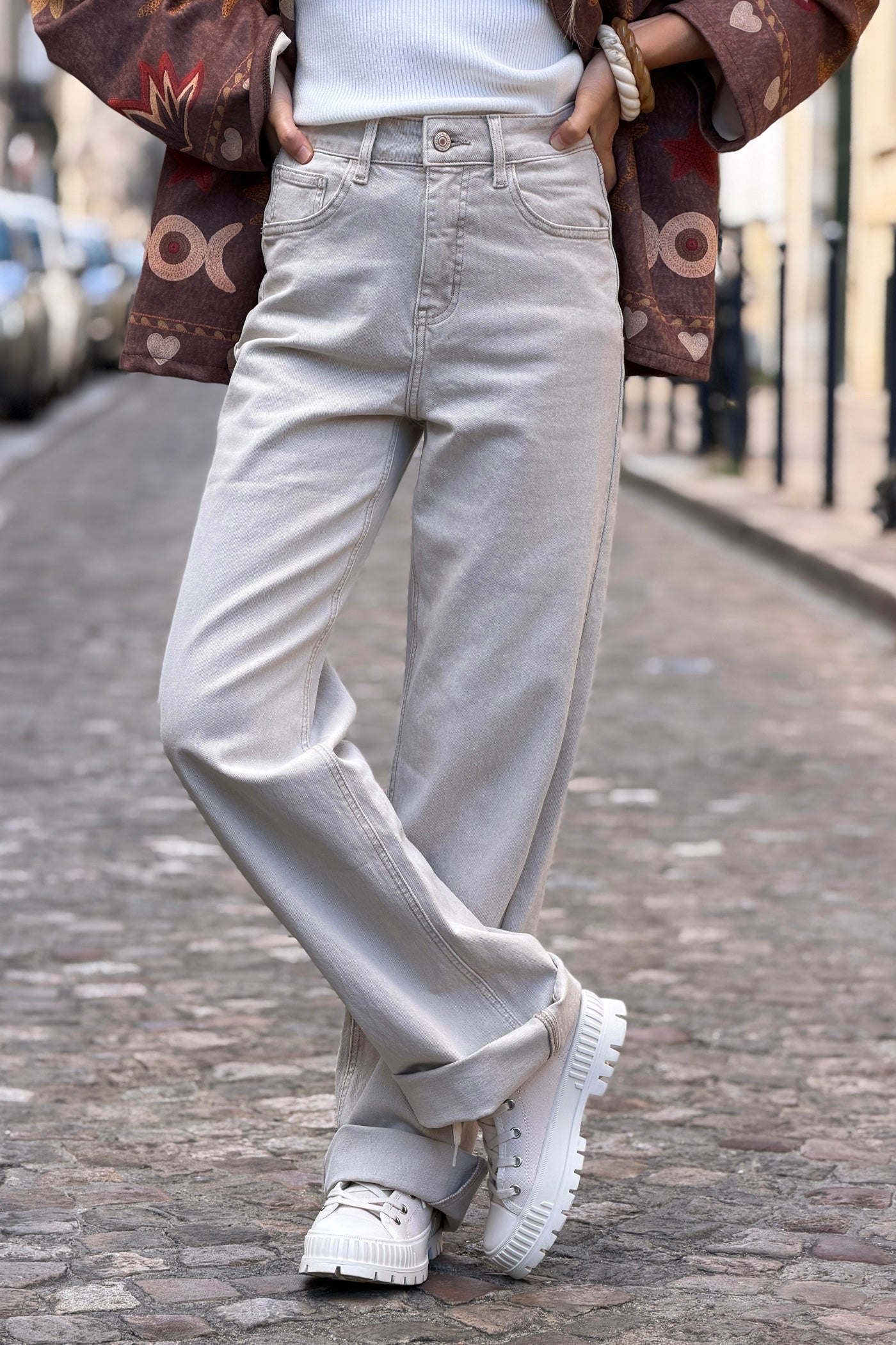Jean long beige wide leg taille haute
