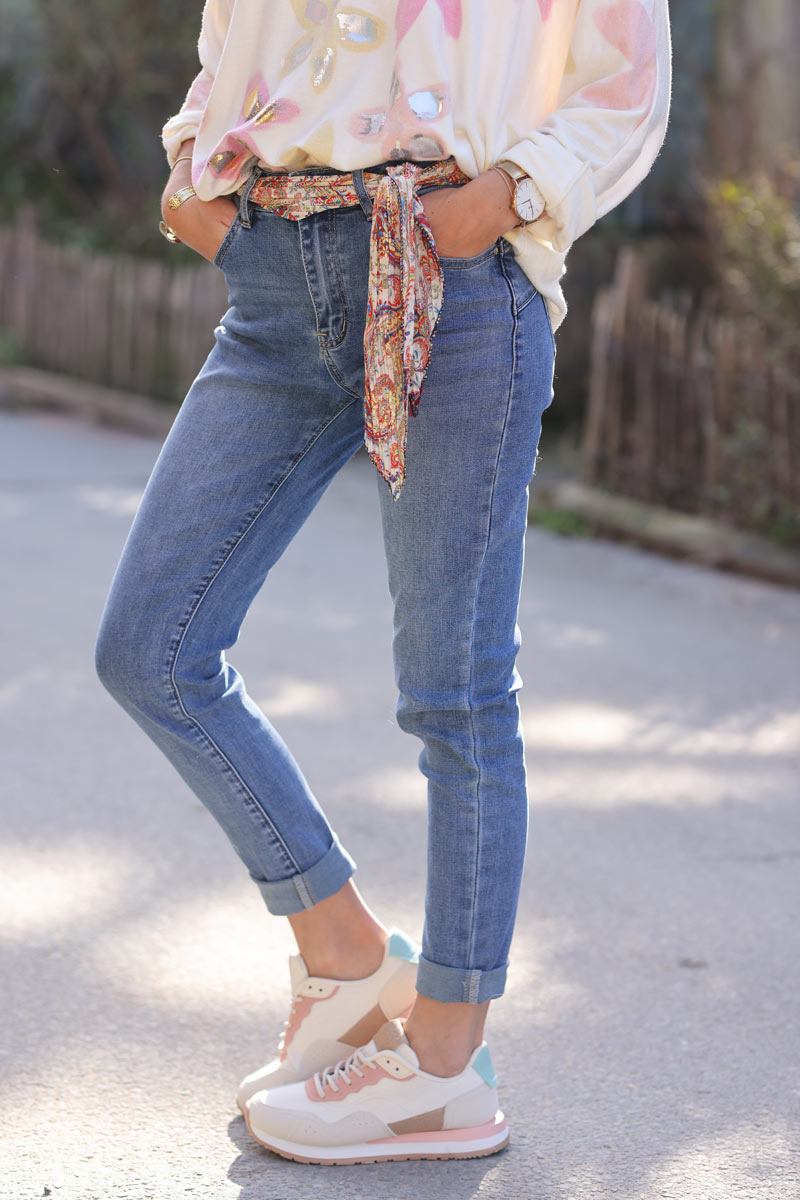 Jean slim basique stretch délavé moyen ceinture foulard