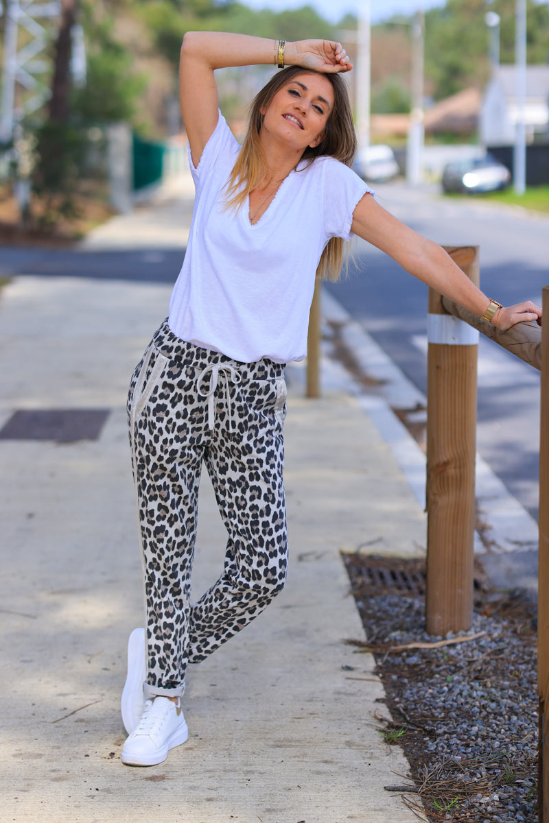 Leopard print comfort sweat pants with satin outseams