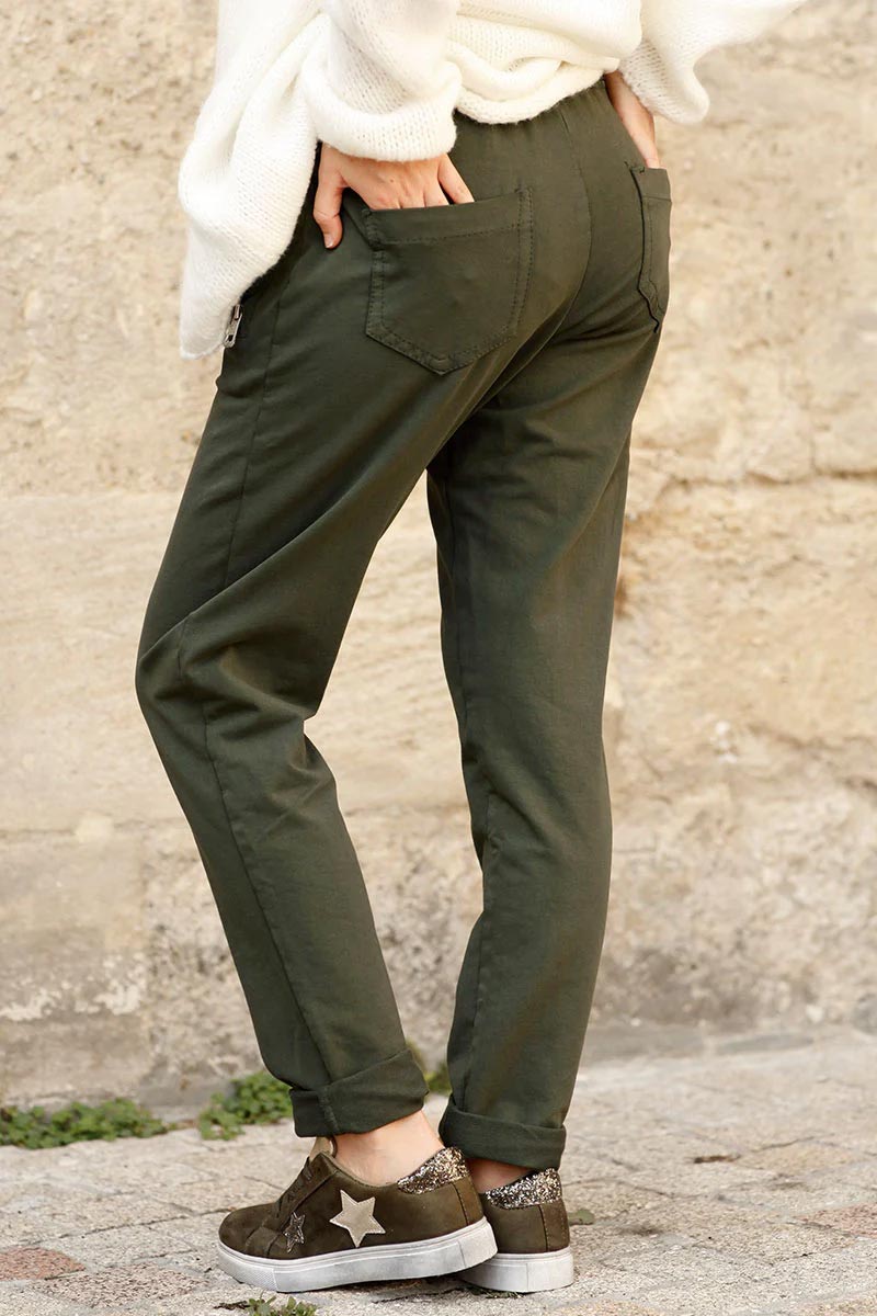 Jogging kaki foncé, ceinture élastique, poches zip
