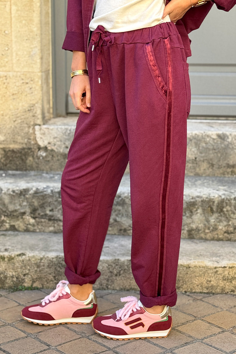 Jogging aubergine confort taille élastique liseré ruban satiné