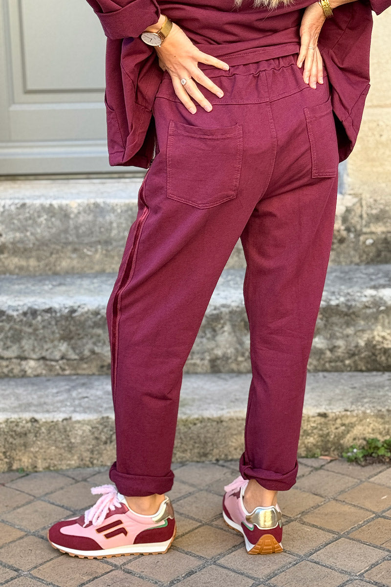 Jogging aubergine confort taille élastique liseré ruban satiné