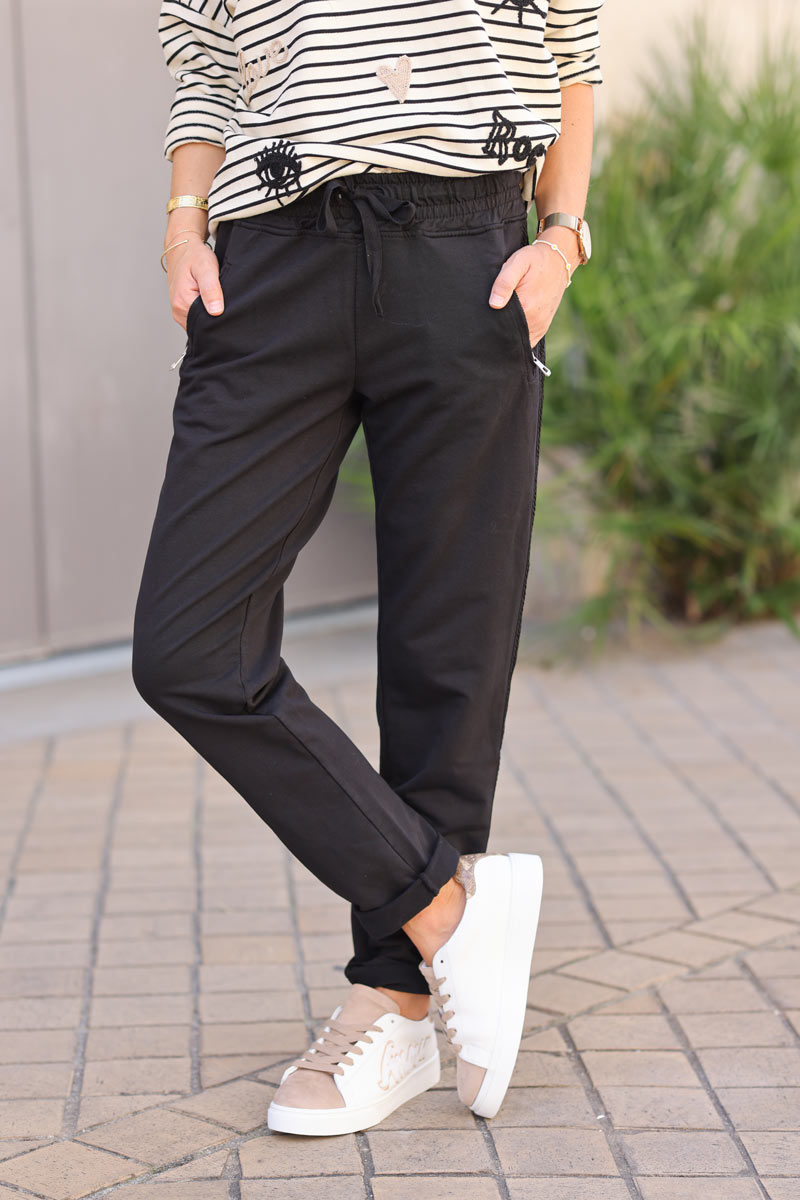 Brown chocolate Zip-Pocket Chevron Trim Casual Cotton Joggers