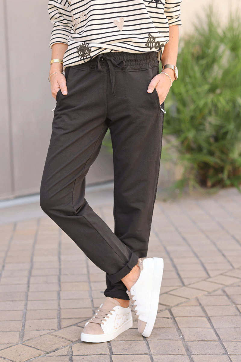 Brown chocolate Zip-Pocket Chevron Trim Casual Cotton Joggers