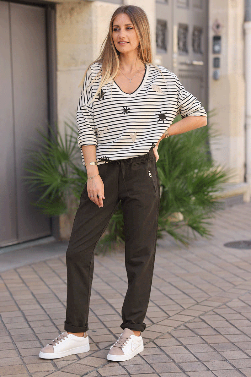 Brown chocolate Zip-Pocket Chevron Trim Casual Cotton Joggers